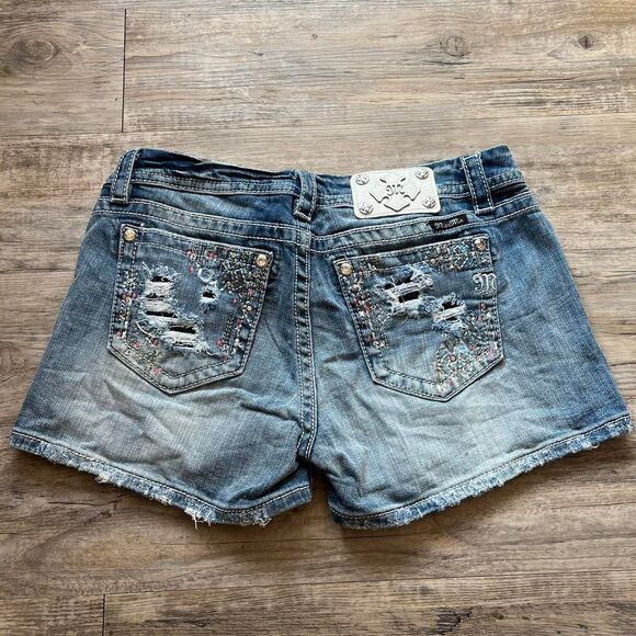 Miss Me Pants - Miss Me Blue Jean Shorts with Floral Embroidery